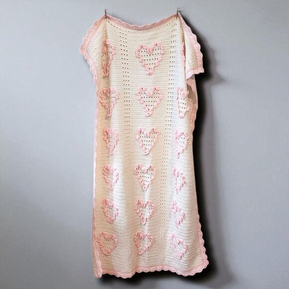 Vintage Handmade Baby Blanket for Girls White Pink Hearts Nursery Knit Throw - Picture 2 of 8